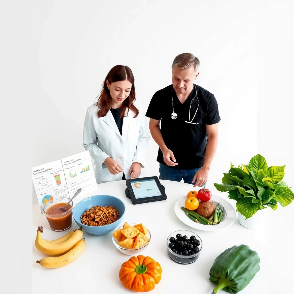 Registered dietitian analyzing personalized nutrition plan with blood glucose charts and meal recommendations