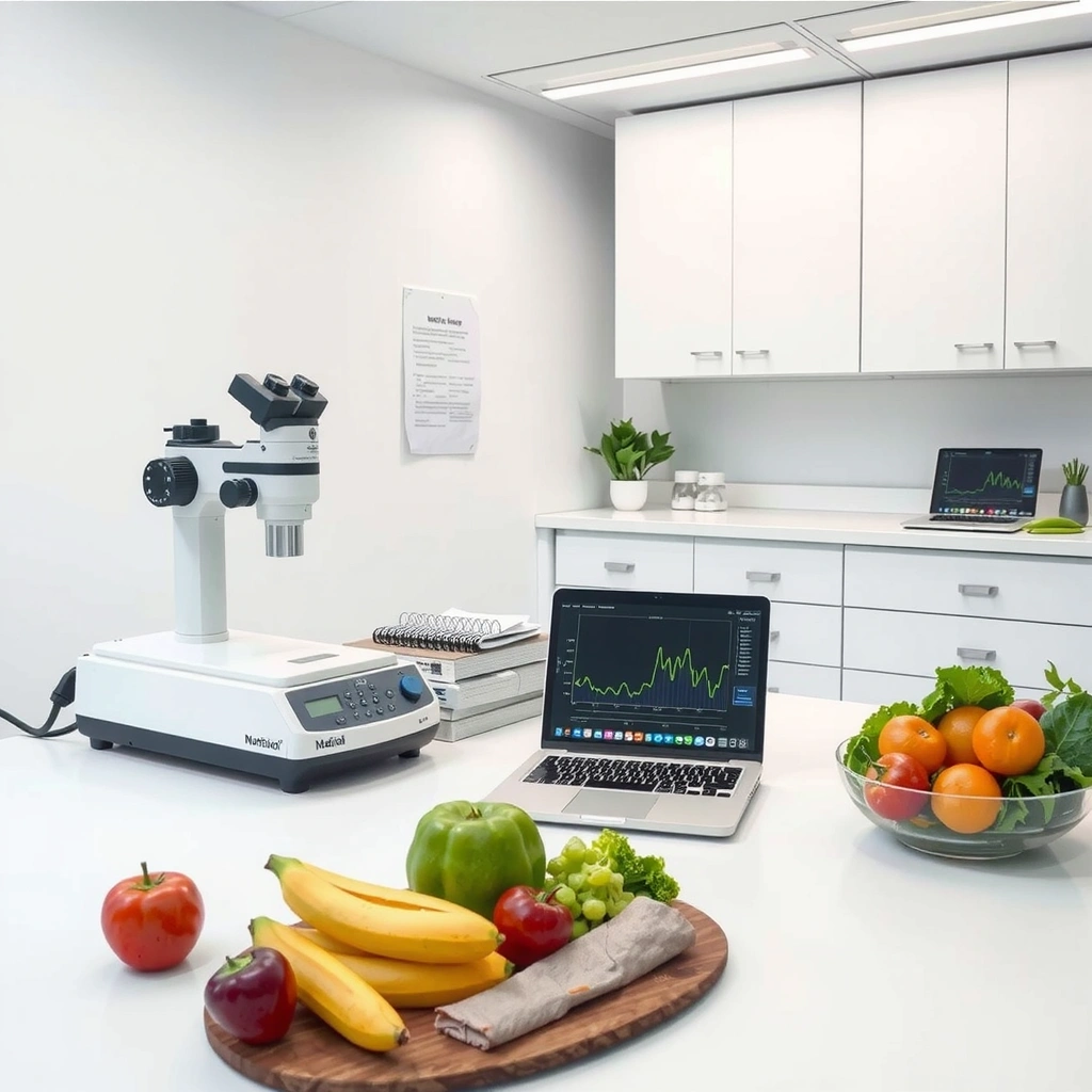 Scientific laboratory showing glucose testing equipment and nutrition research materials