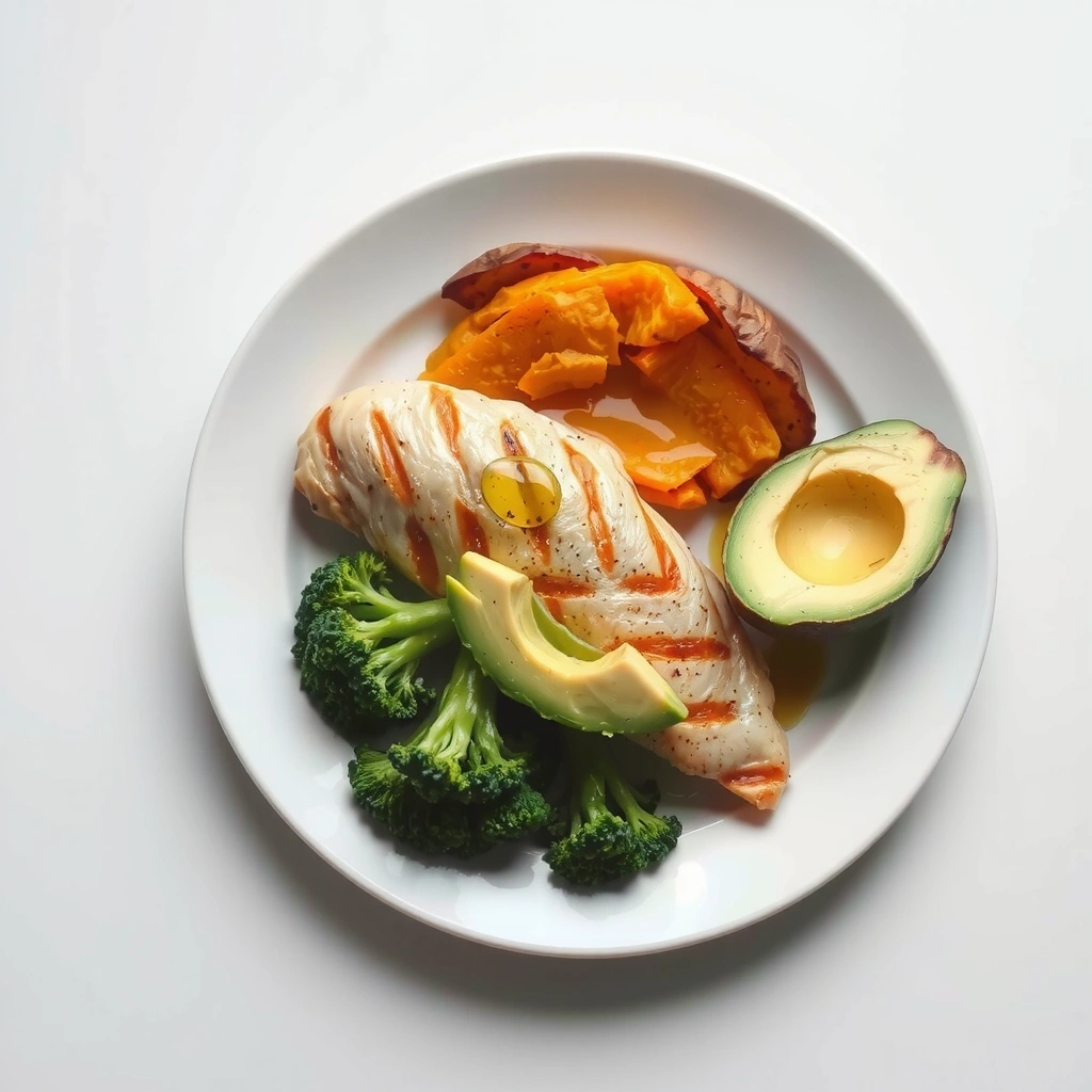 Balanced macro meal with lean protein, complex carbs, and healthy fats