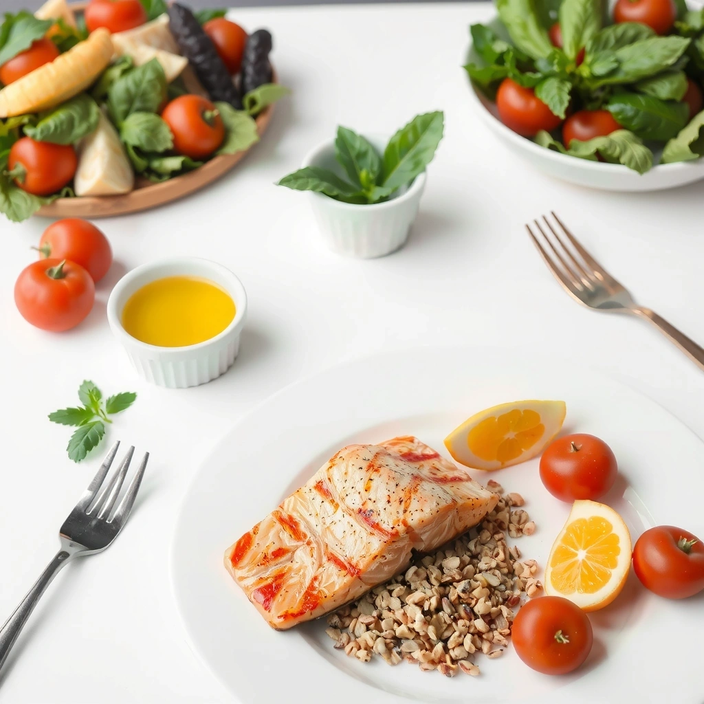 Mediterranean diet meal with fresh vegetables, olive oil, and grilled fish