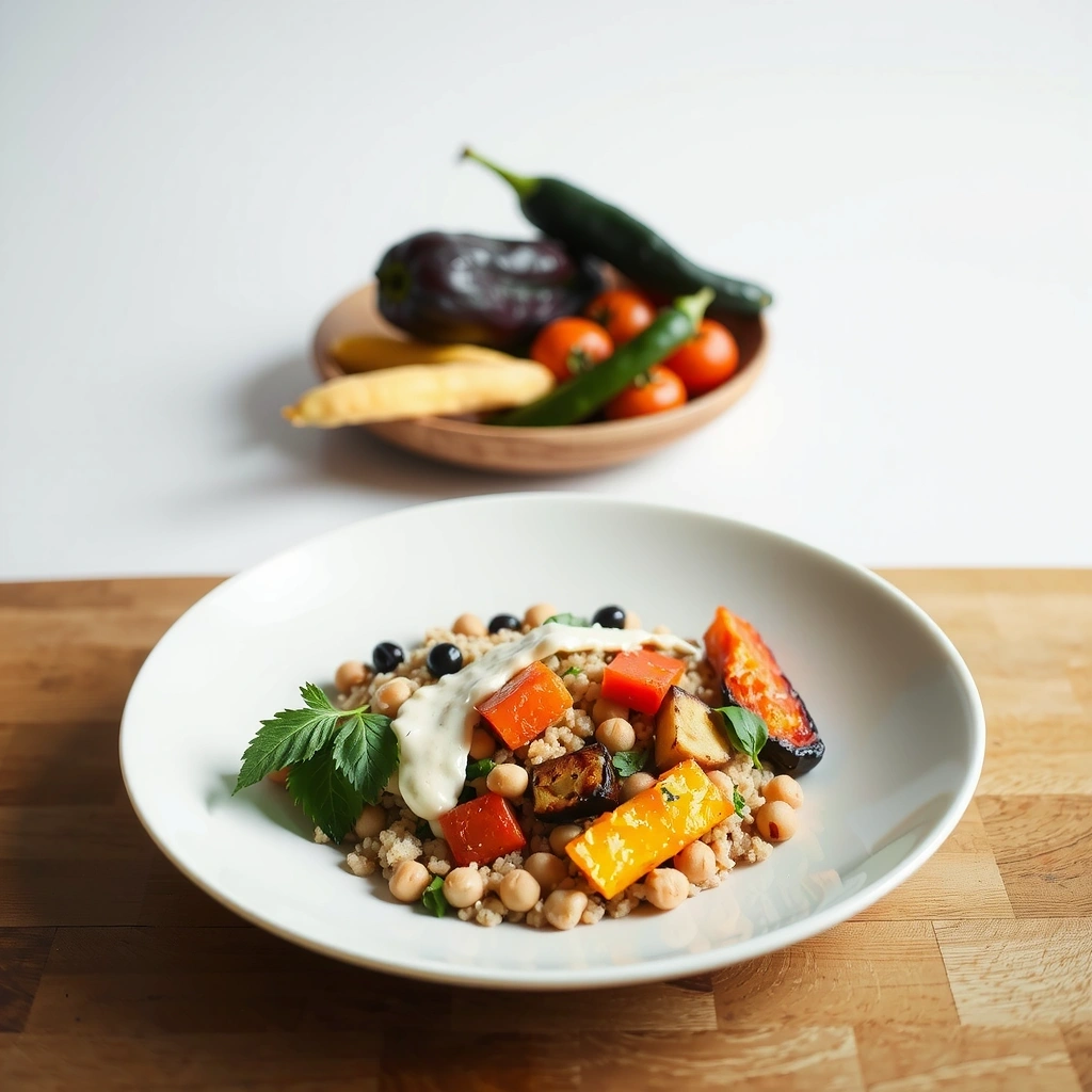 Plant-based diabetic meal with quinoa, vegetables, and legumes